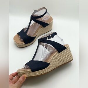 Lucky Brand Navy Leather Espadrille Wedge Heels Sandals Women’s Size 8.5
